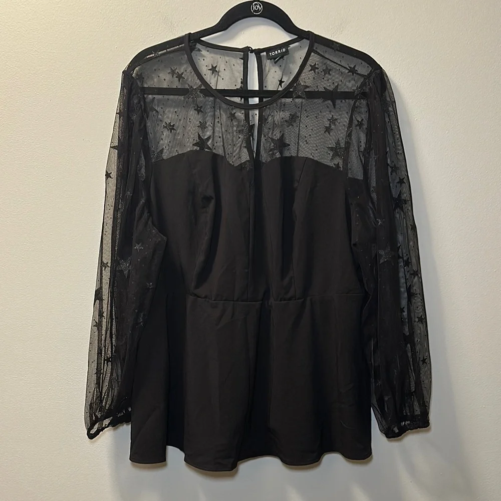 💛Torrid Women’s Black Peplum Mesh Glitter Star Sweetheart Neck Top Sz 3X NWOT